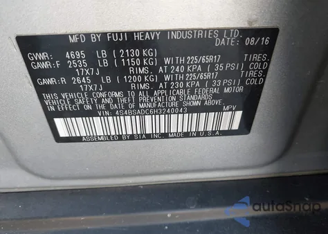 2017 Subaru Outback 2.5I Premium from USA, damaged, VIN 4S4BSADC6H3240043
